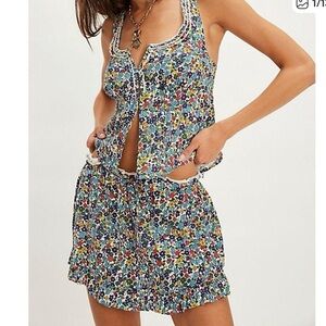 Free People Ellia printed floral 2pc skorts tank top set XS New